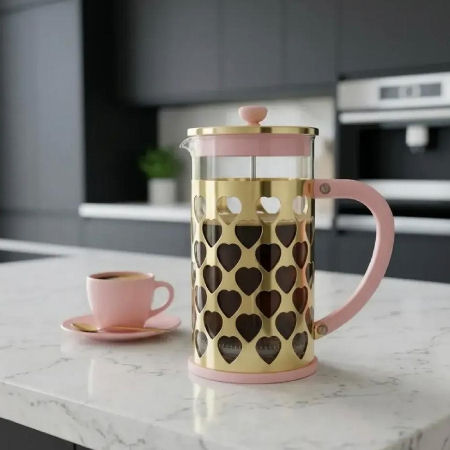 CAFETERA FRANCESA VIDRIO CORAZONES CAFE-1043 SKU 1633 1000ML ROS/DOR